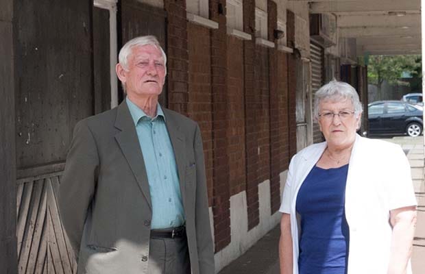 Cllr Eric Drinkwater and Cllr Sue Woodward outside the former Royal Oak pub