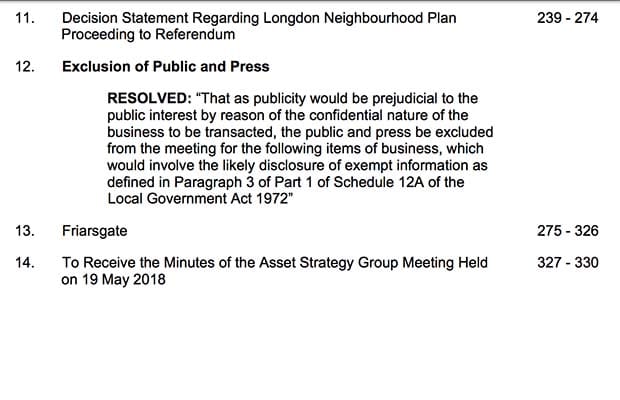 The original version of the agenda for the Cabinet meeting to discuss Friarsgate