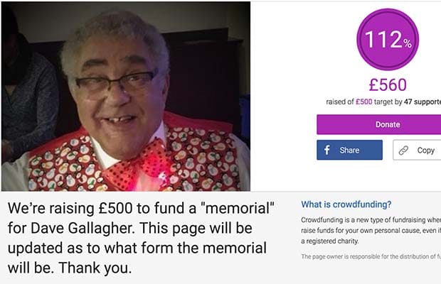 The fundraising page set up in memory of Dave Gallagher