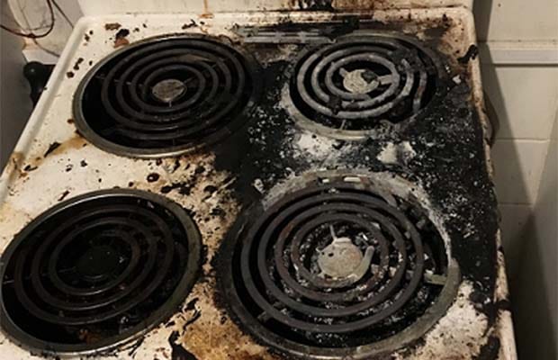 The fire-damaged hob