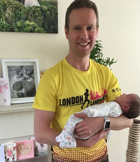 Andrew Swinburne with his daughter Pippa in front of a picture of his son Theo