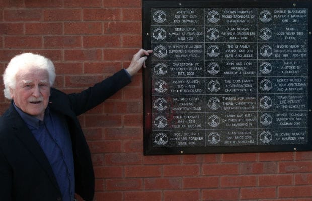 Mick Joiner with the first tiles on the Wall of Support at Chasetown FC