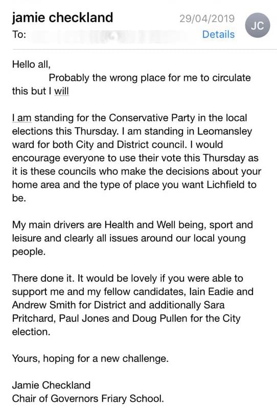 The email sent to members of The Friary School PTA by Jamie Checkland before the election