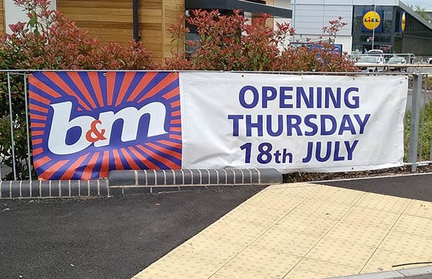 A sign showing the opening date for the new B&M store in Lichfield