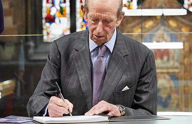 The Duke of Kent signing the visitors' book at St Mary's