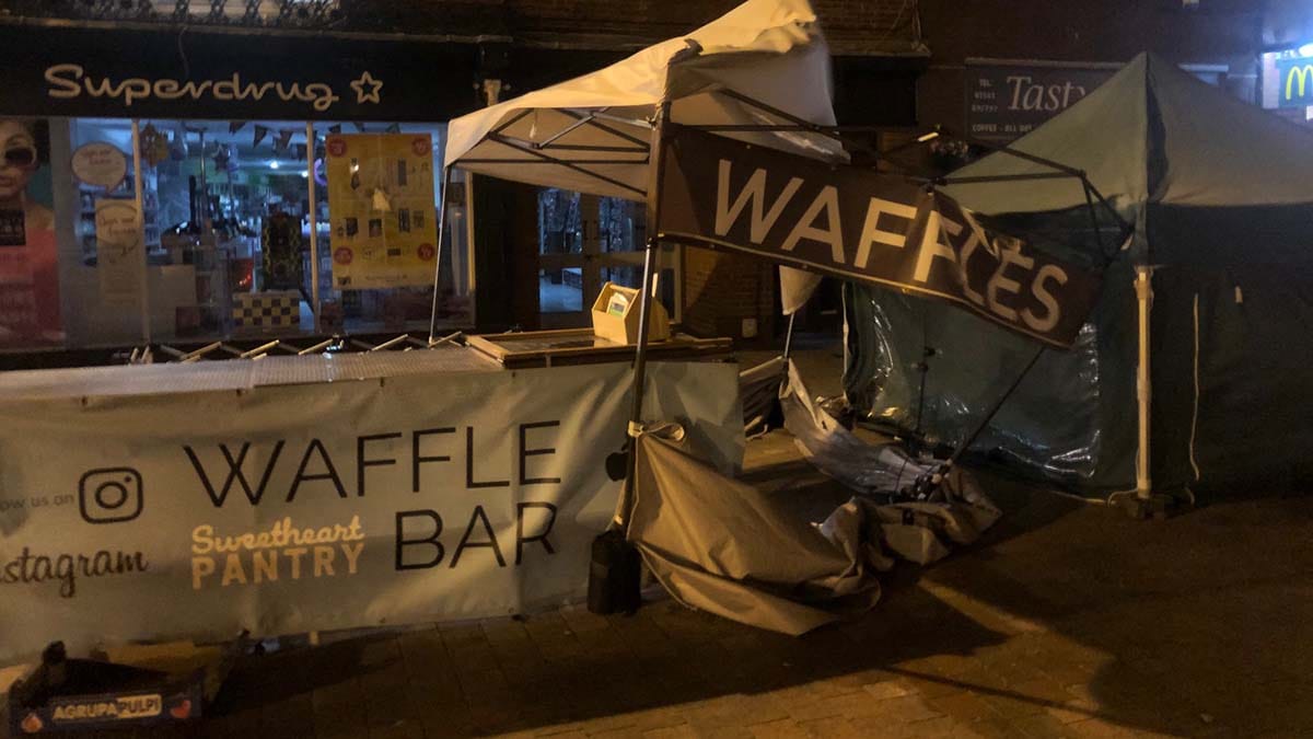 A stall damaged by strong winds