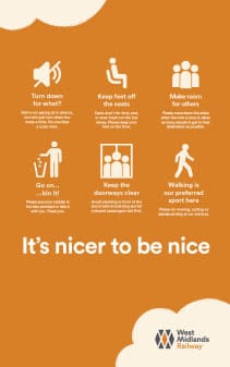 The 'Considerate Behaviour' poster from West Midlands Railway