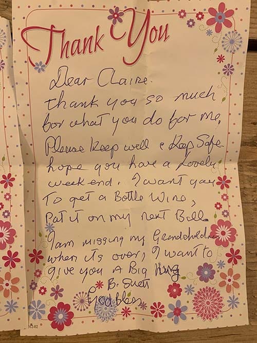 One of the thank you letters sent to Claire Hughes by customers