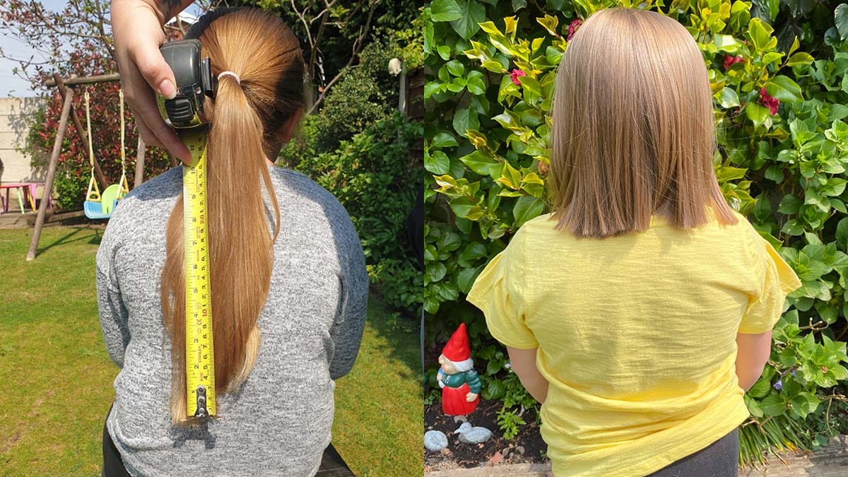 Sophie's hair before and after her fundraising trim