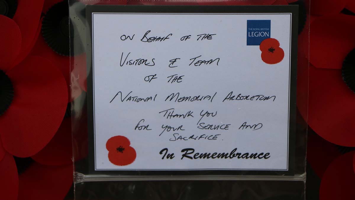 The message on the wreath at the Normandy Campaign Memorial. Picture: National Memorial Arboretum