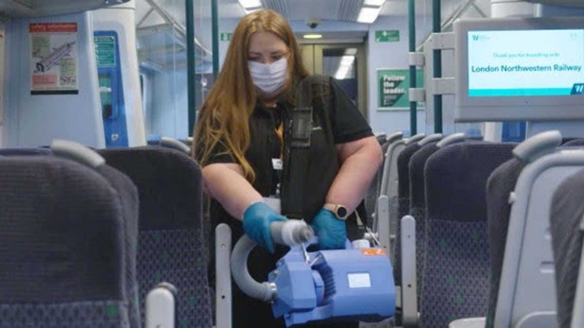 One of the fogging machines being used on a train