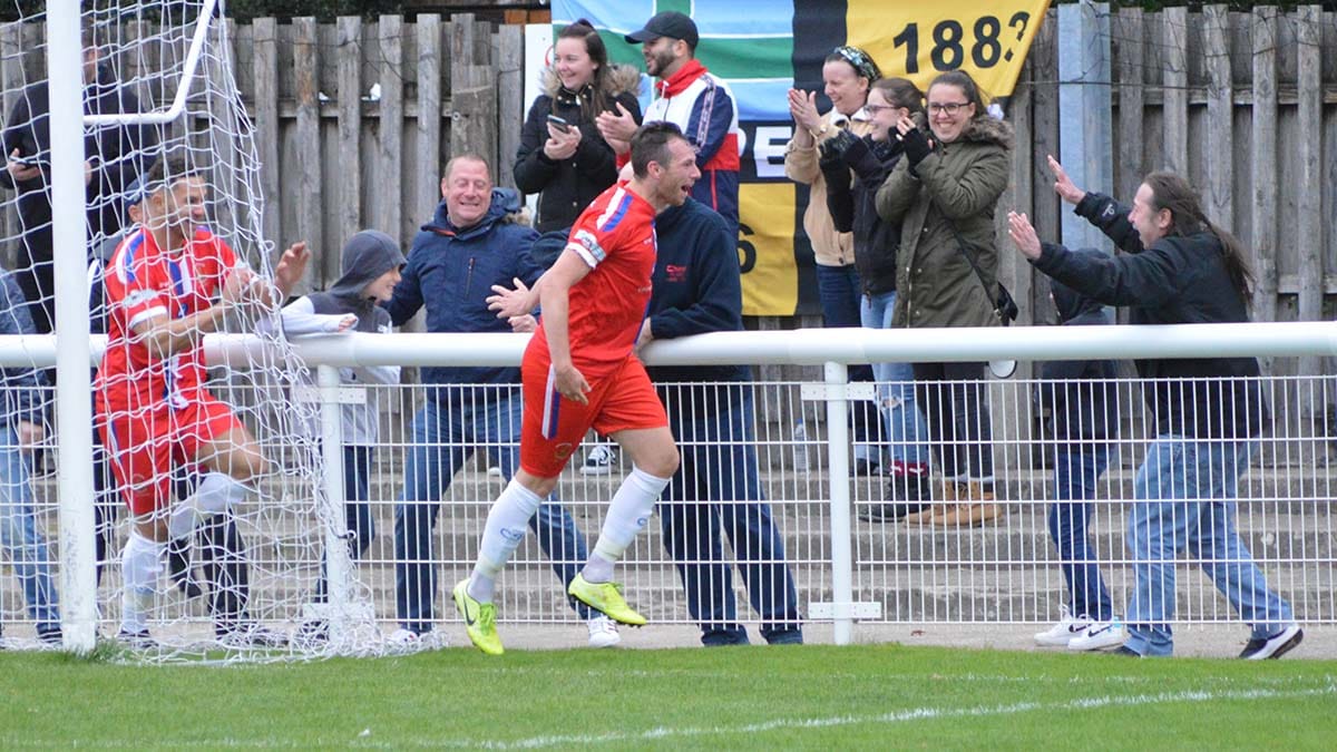 Jack Langston celebrates his goal against Belper. Picture: Louise Yates