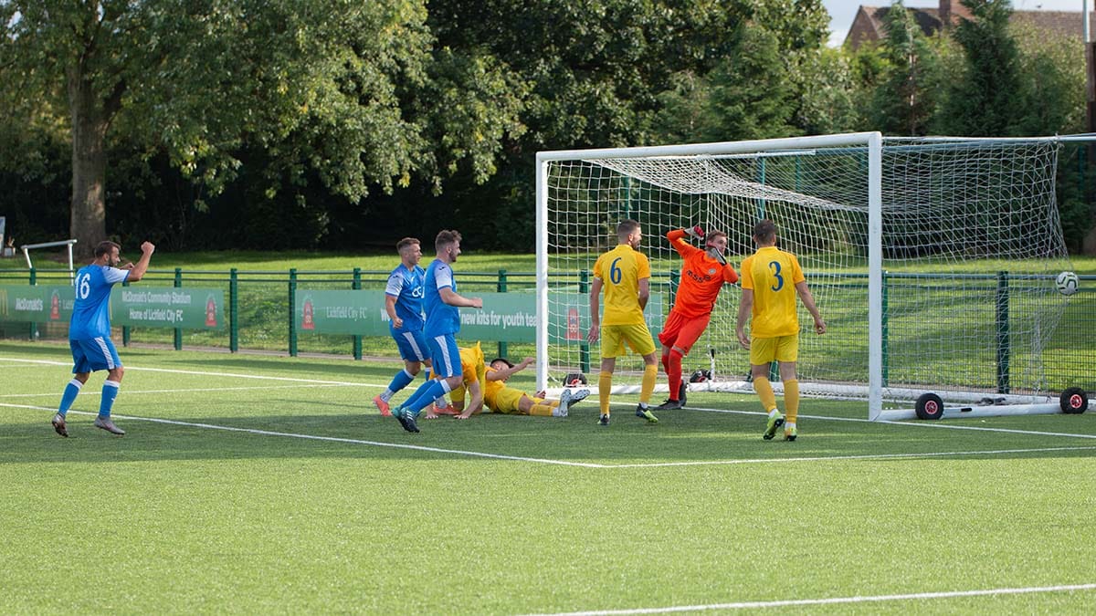 Lichfield score a consolation goal against Kirby Muxloe. Picture: Nigel Lord