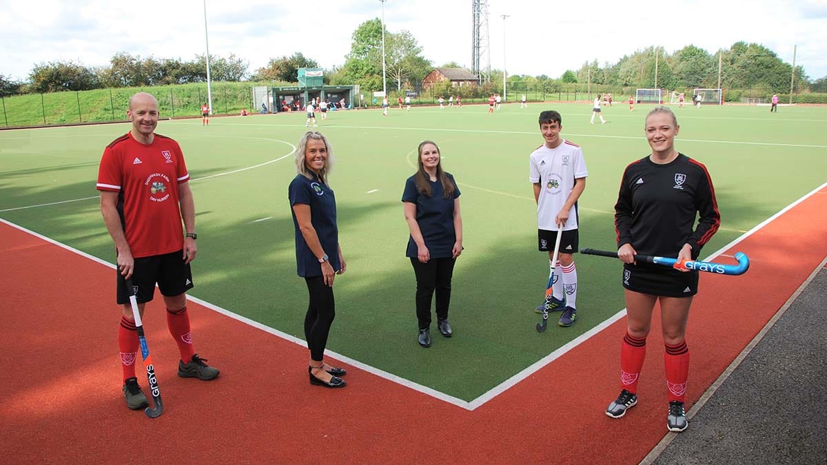 Neal Critchley (Lichfield Hockey Club), Charmaine Eagles and Jessica Latham (Sheepwash Farm Day Nursery), with Seb Fisher and Lauren Massey (Lichfield Hockey Club) wearing the new Adidas kit