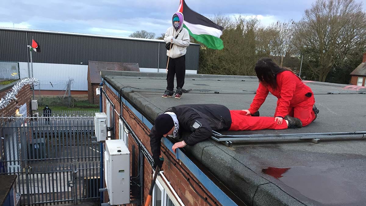 Palestine Action groups on the roof of UAV Engines in Shenstone