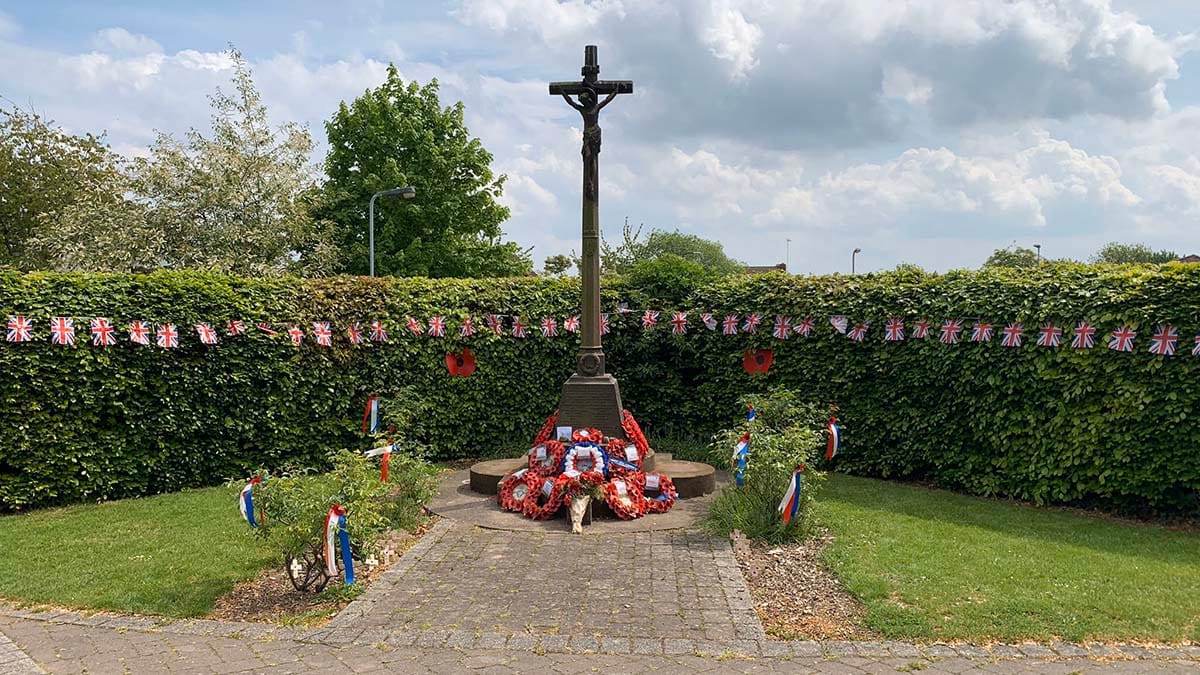 The war memorial in Armitage during the VE Day anniversary commemorations