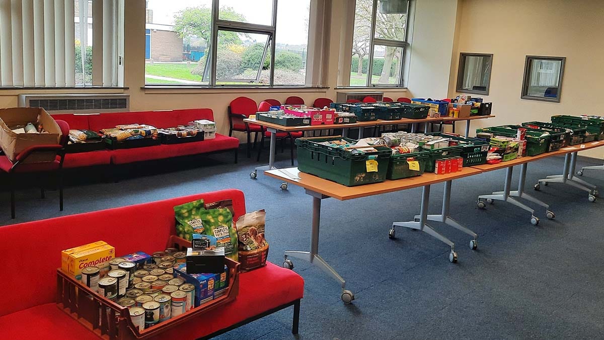 Items waiting to be distributed from the foodbank at Chase Terrace Academy