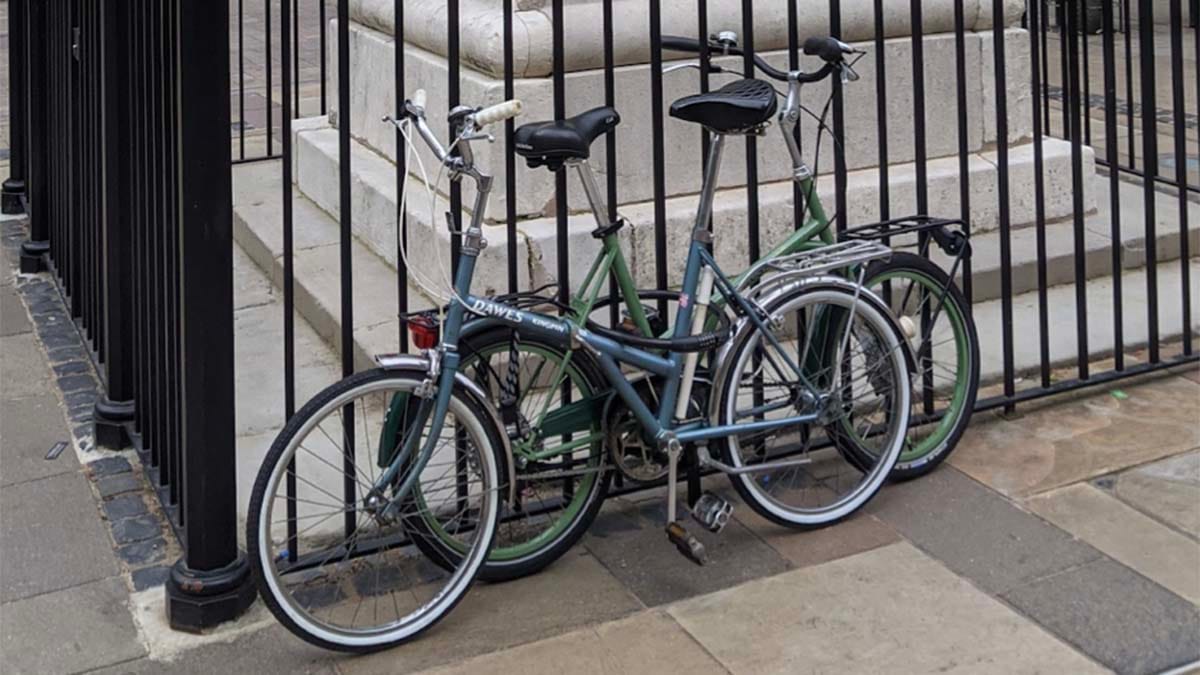 Bikes parked against railings in Lichfield City centre