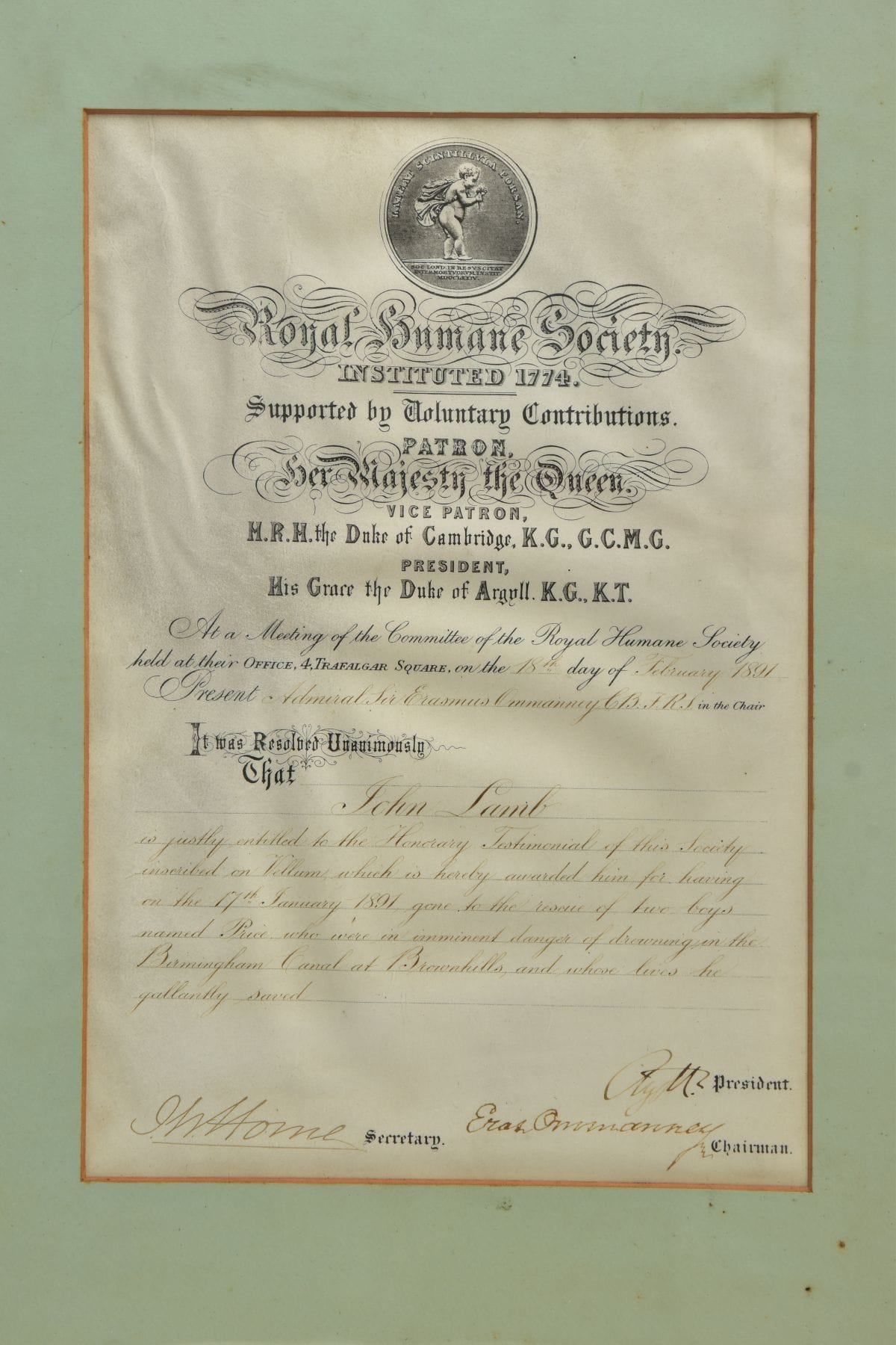 The certificate issued to John Lamb