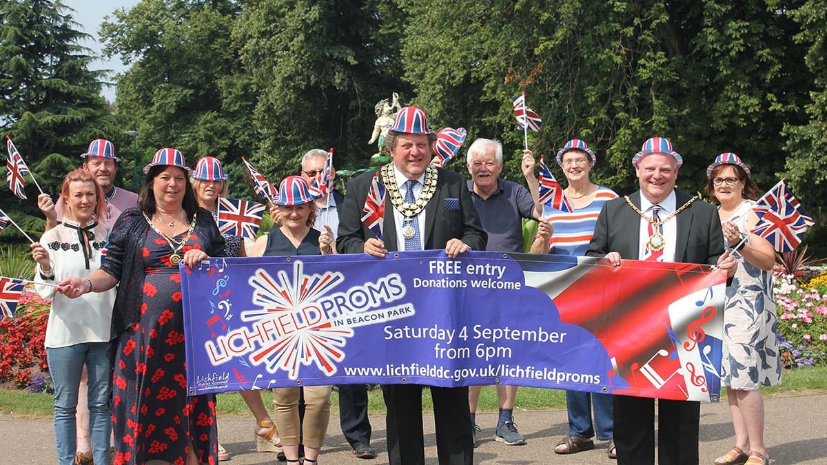 Sponsors and civic leaders at the launch of the 2021 Lichfield Proms in Beacon Park