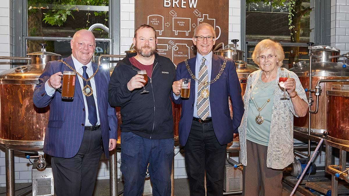Cllr Robert Yardley with head brewer Mike Price, Sheriff Peter Hitchman and the Sheriff's Lady Pat Peters