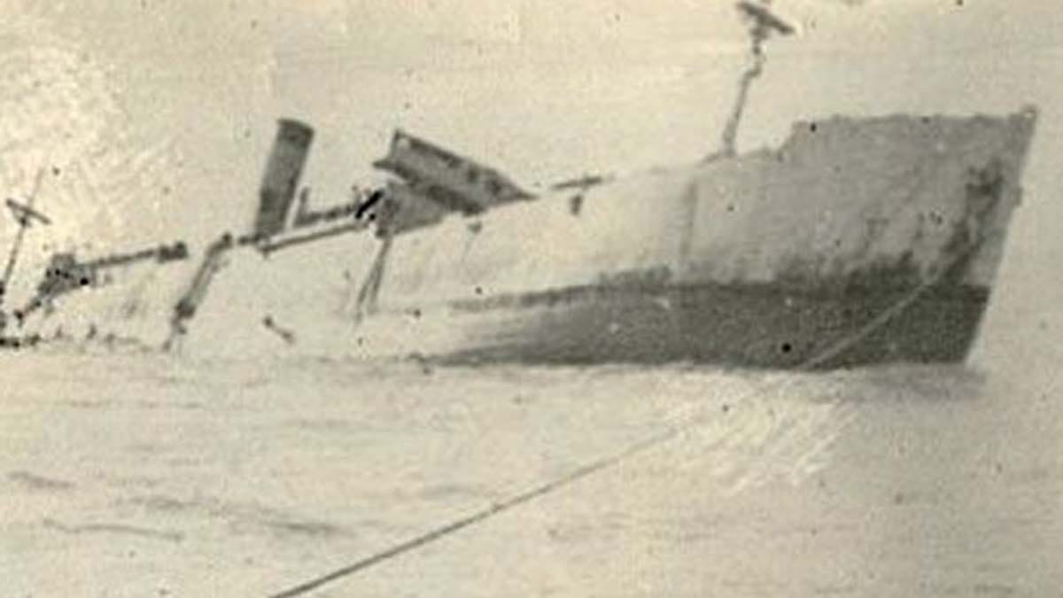 The only known photo of the Lisbon Maru going down after being torpedoed