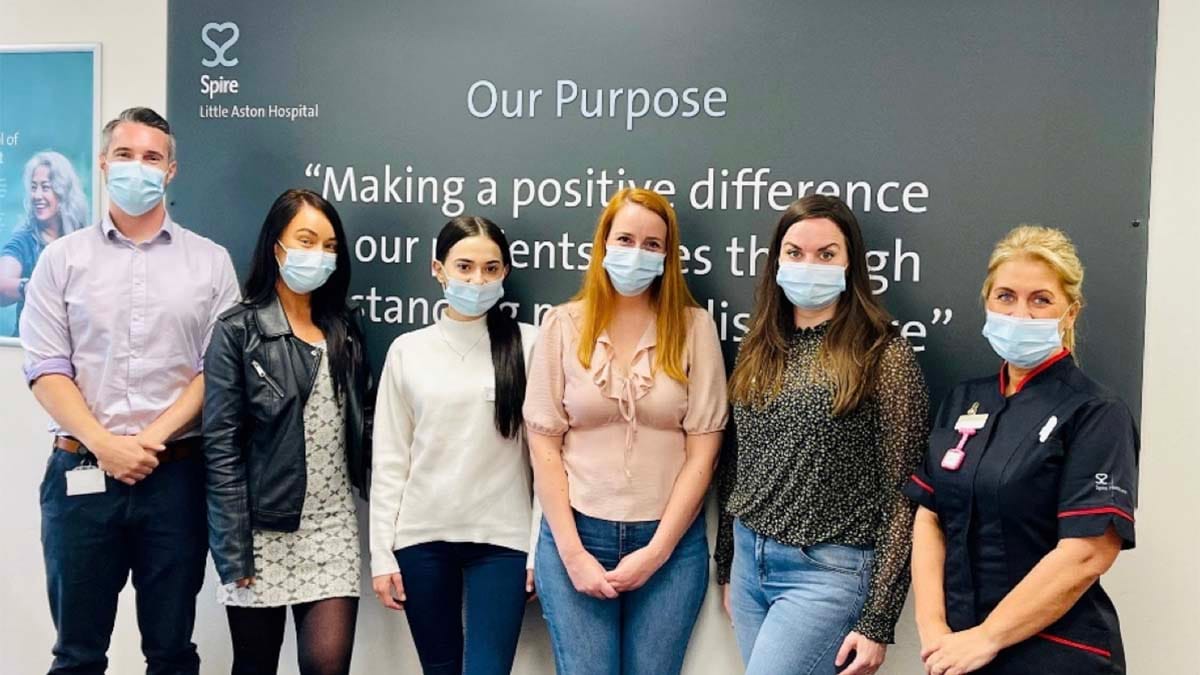 Ed Ireland with apprentices Samantha Hodson, Maria Milloshas, Hannah Dawson and Laura Turner alongside Vicky Morris, director of clinical services