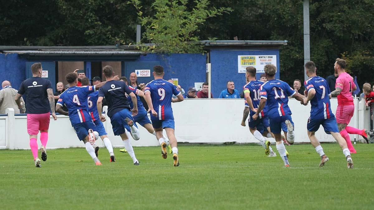 Chasetown's players celebrate their win against Halesowen Town. Picture: Dave Birt