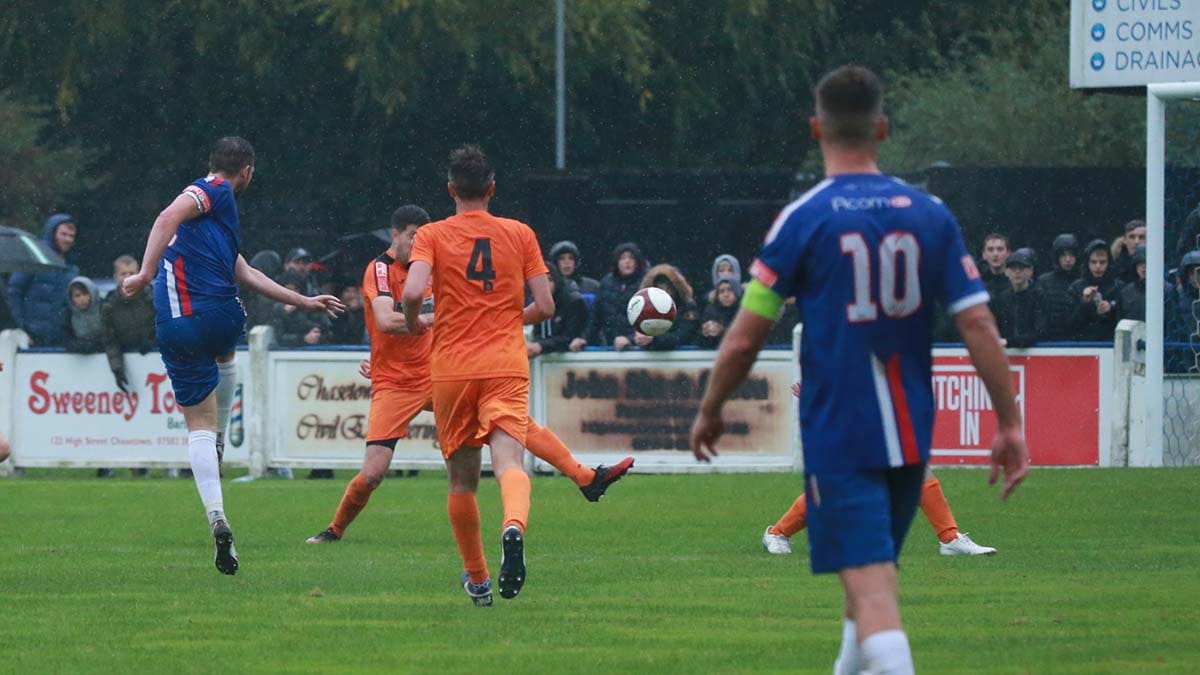 Jack Langston fires home the opening goal against Yaxley. Picture: Dave Birt