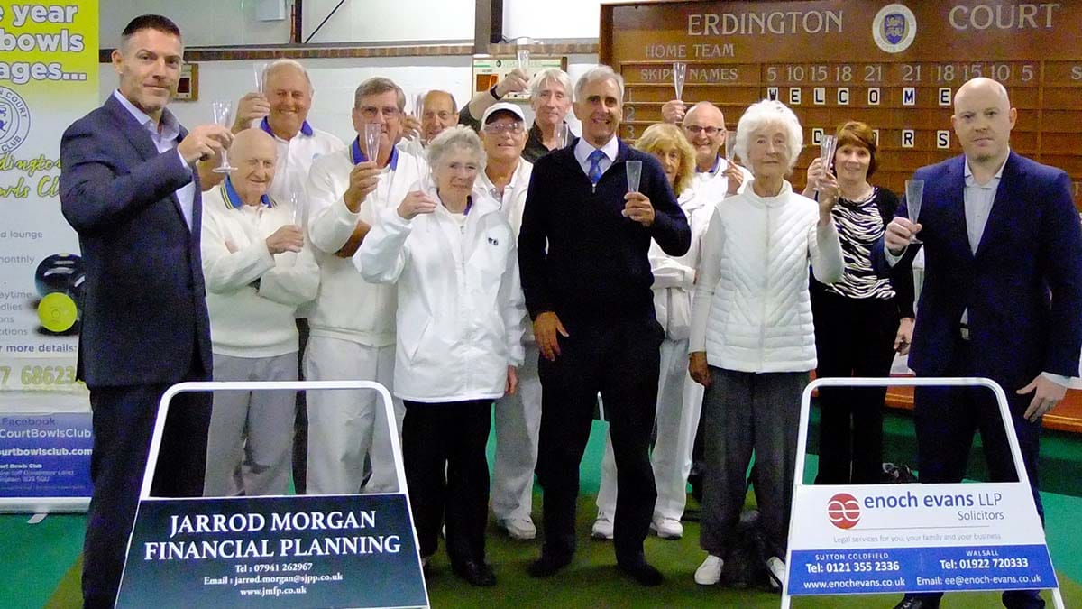 Sponsor Jarrod Morgan with fellow sponsors and players at Erdington Bowls Club