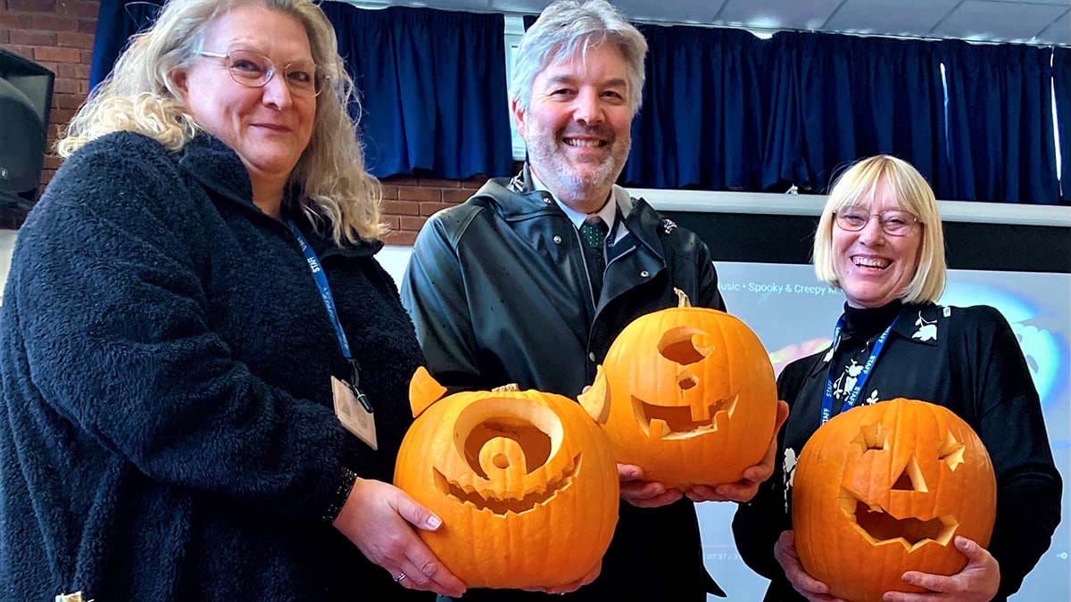 Clare Emery-Talbot, Mike Dowd and Maxine Horsnail with some of the pumpkins