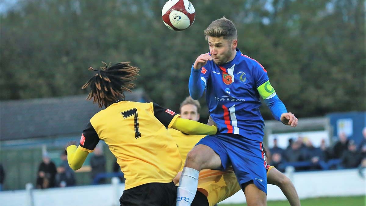 Danny O'Callaghan heads clear. Picture: Dave Birt