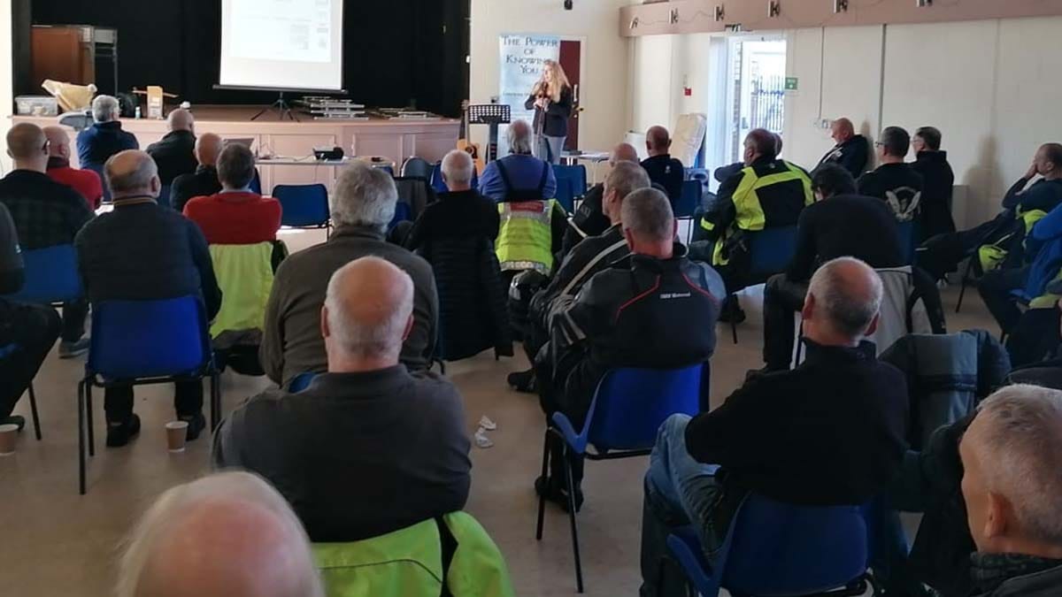 Sheila giving a talk to Lichfield Advanced Motorcycle Group