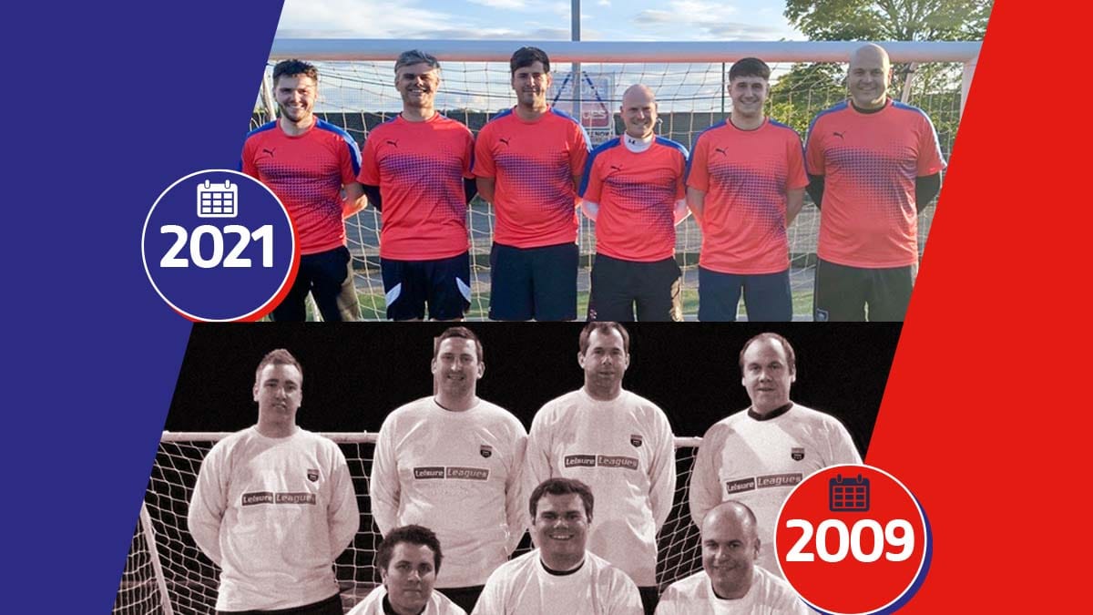 The Old Heads pictured on their 12th anniversary in 2009 and in their 2021 team photo