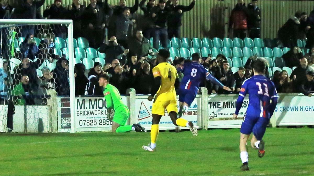 Jack Langston celebrates his late goal against Shepshed Dynamo. Picture: Dave Birt