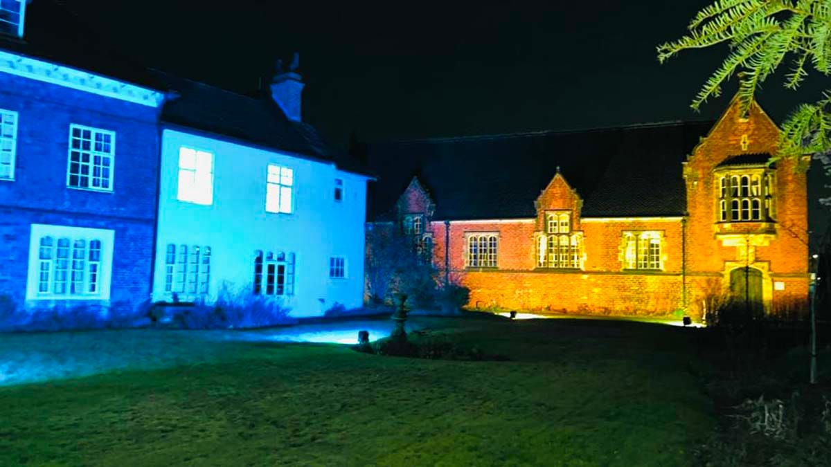 Lichfield District Council's offices lit up in Ukrainian colours