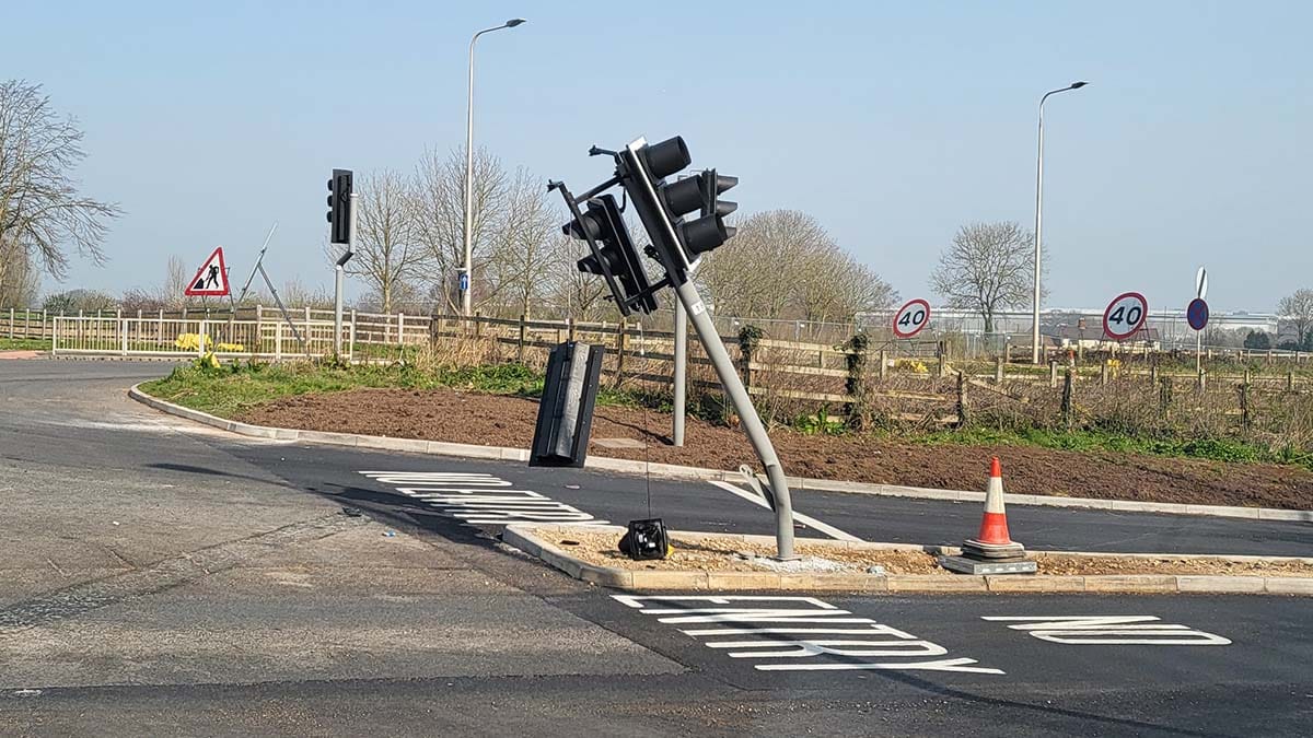 The damaged traffic lights in Streethay