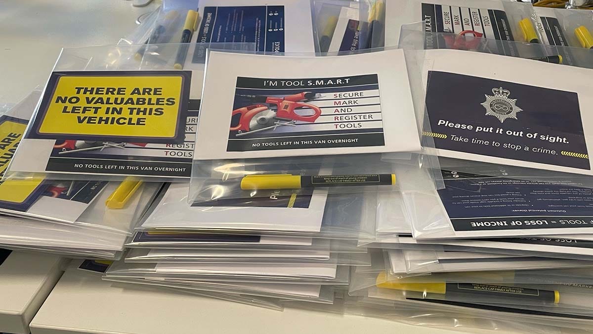 Advice leaflets and UV pens ready for distribution by police in Burntwood