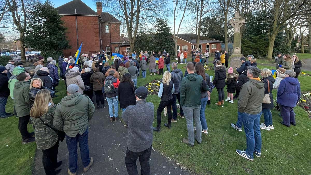 People showing solidarity with the people of Ukraine at an event in Burntwood