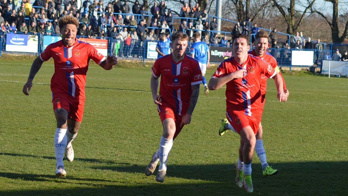 Chasetown's players celebrate Joey Butlin's goal against Halesowen. Picture: Paul Mullins