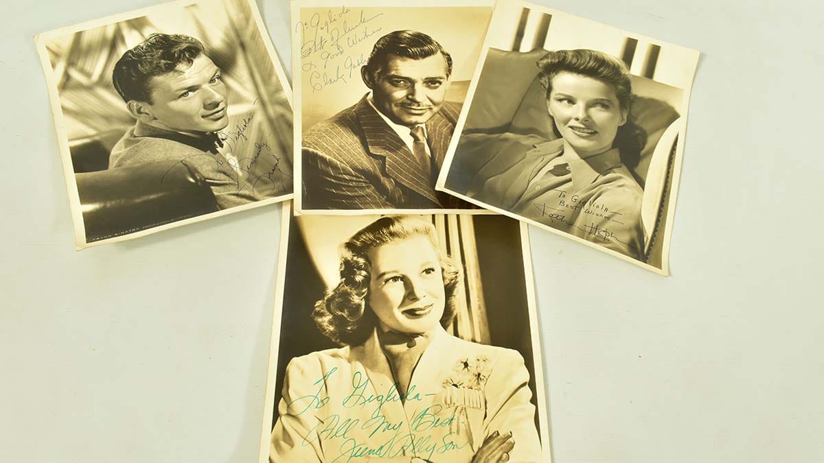 Autographed pictures of Frank Sinatra, Clark Gable, Katherine Hepburn and June Allyson
