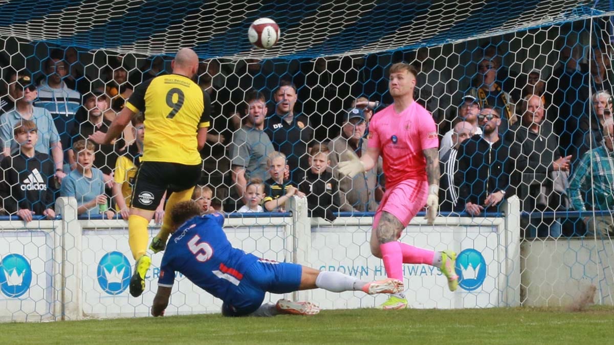 Riece Bertram scores for Belper Town against Chasetown. Picture: Dave Birt