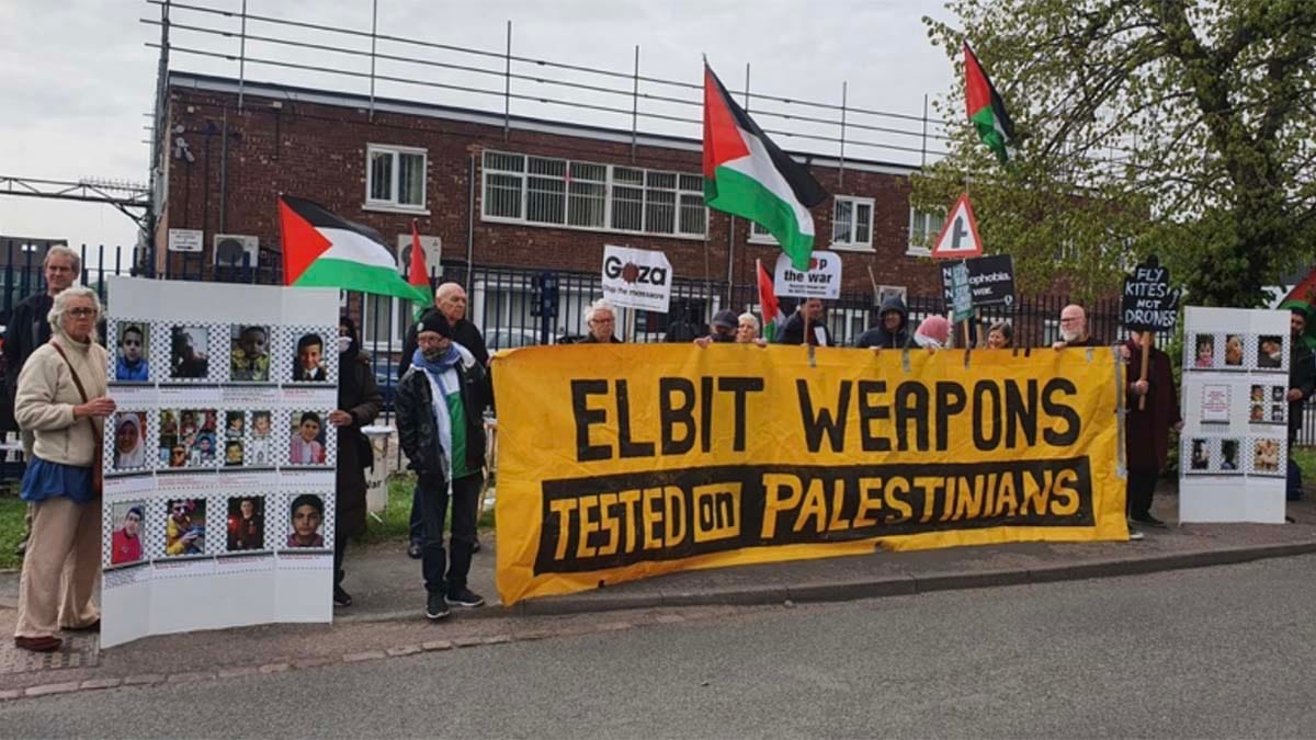 Protesters outside the UAV Engines site