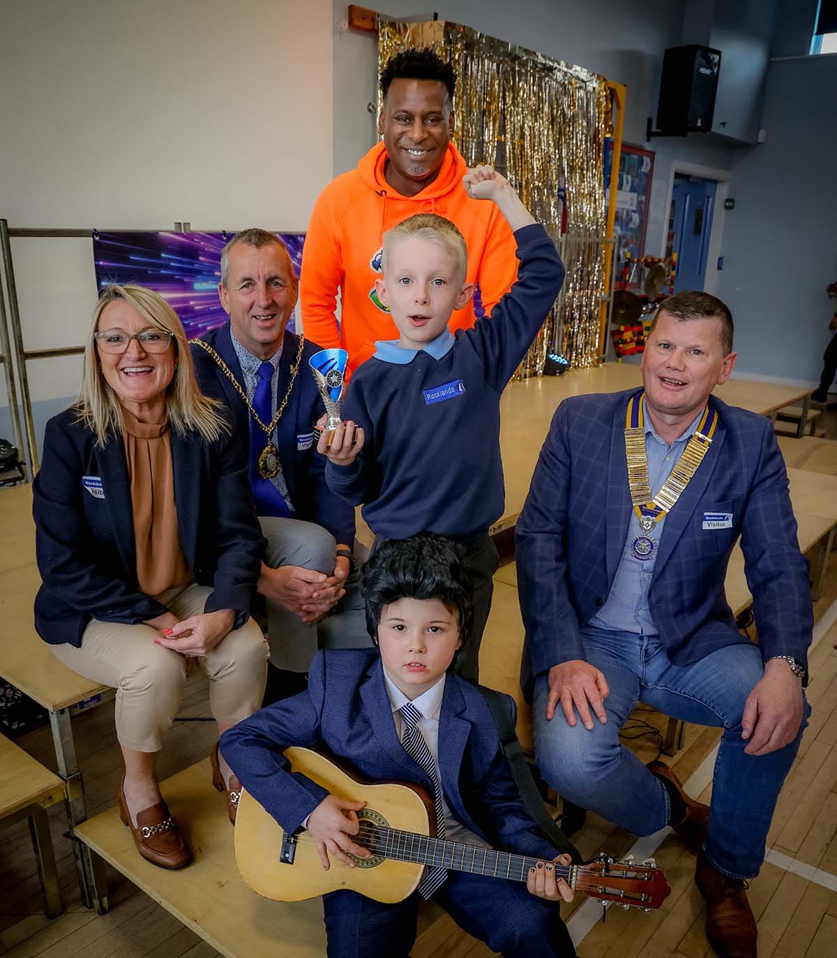 Elaine Hutchings, Cllr Jamie Checkland, Stuart Lawrence, and Cllr Paul Jones with pupils Daniel Sirell and Brandon Harvey 