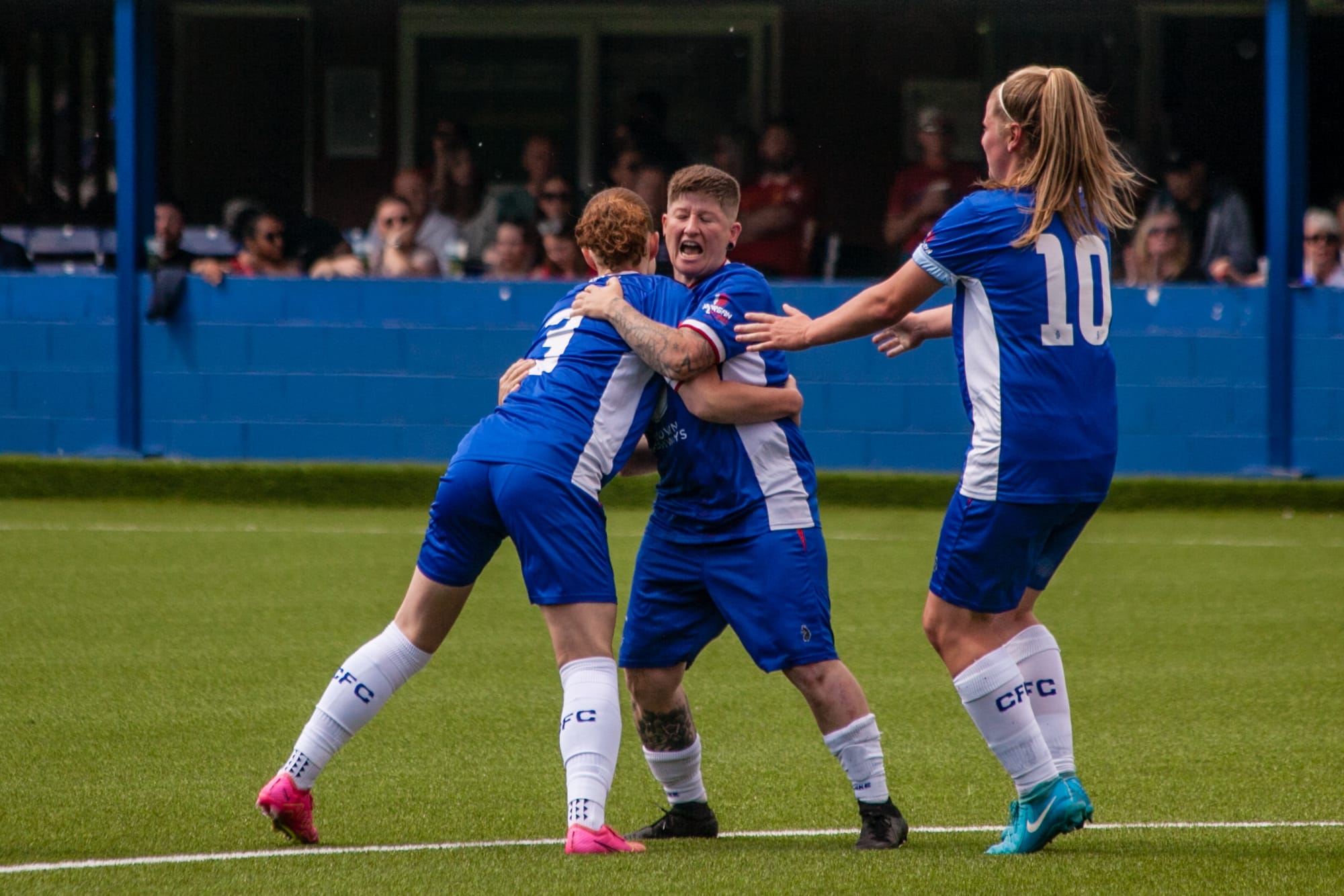 Connie Wootton celebrates her equaliser with Becky Wood