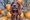 A dog with pumpkins