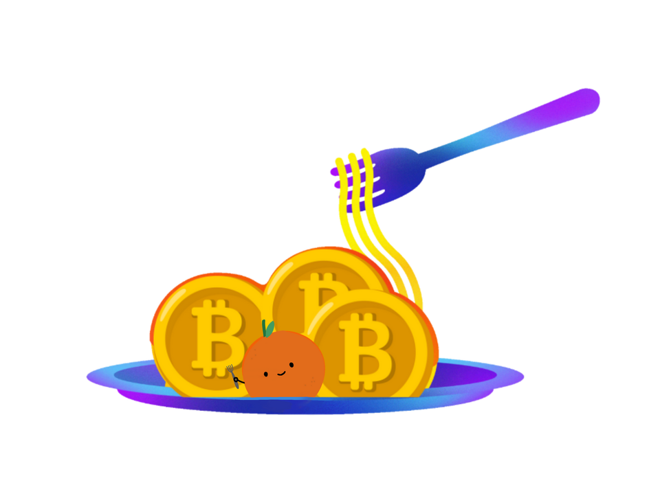 Purple fork picking up spaghetti from a plate with bitcoins and a cute smiling orange character.