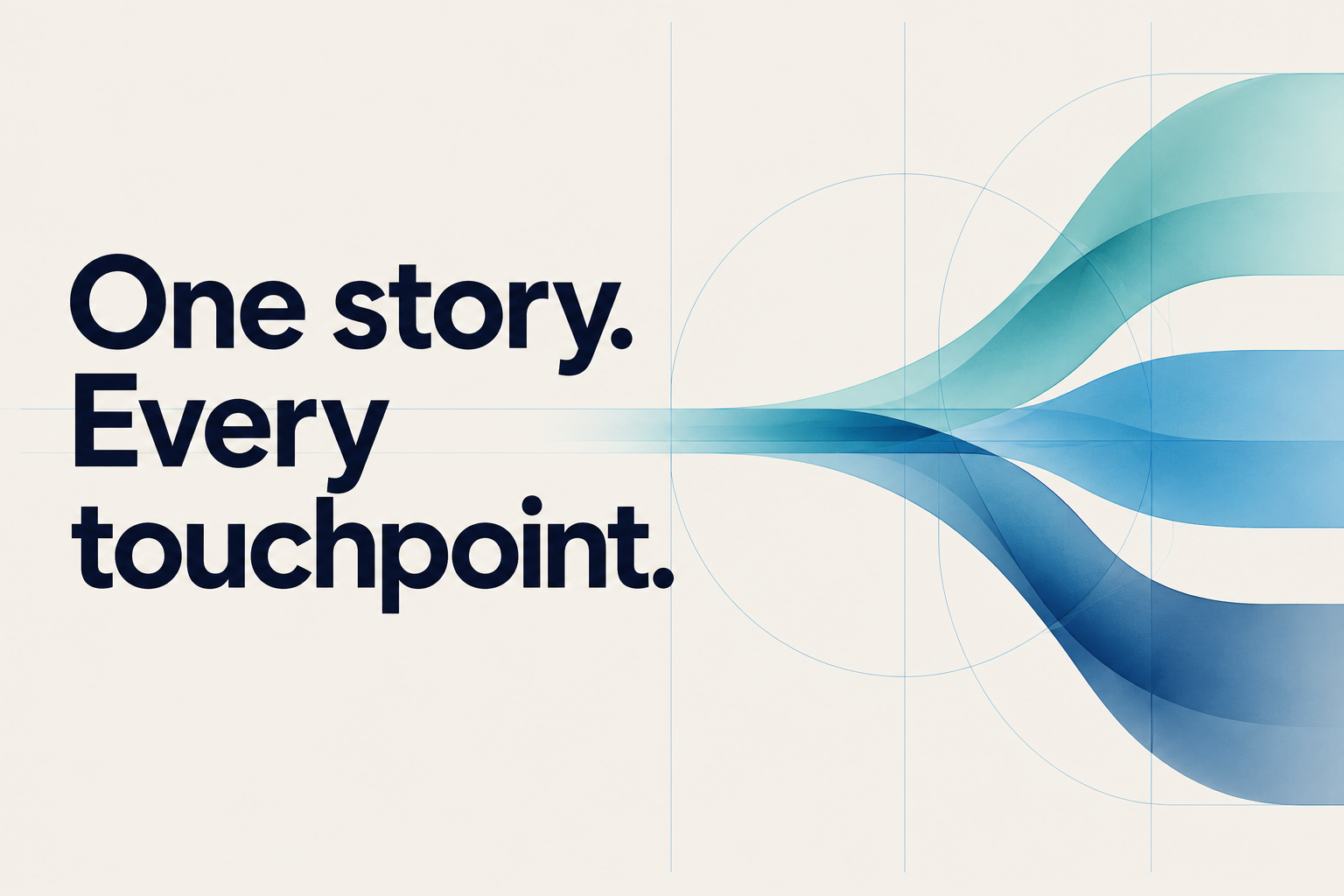 One story. Every touchpoint. Teal and blue ribbons branch from one shared starting point.