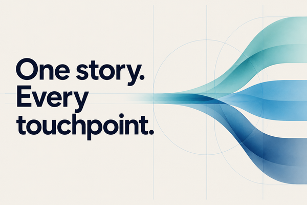 One story. Every touchpoint. Teal and blue ribbons branch from a shared starting point.