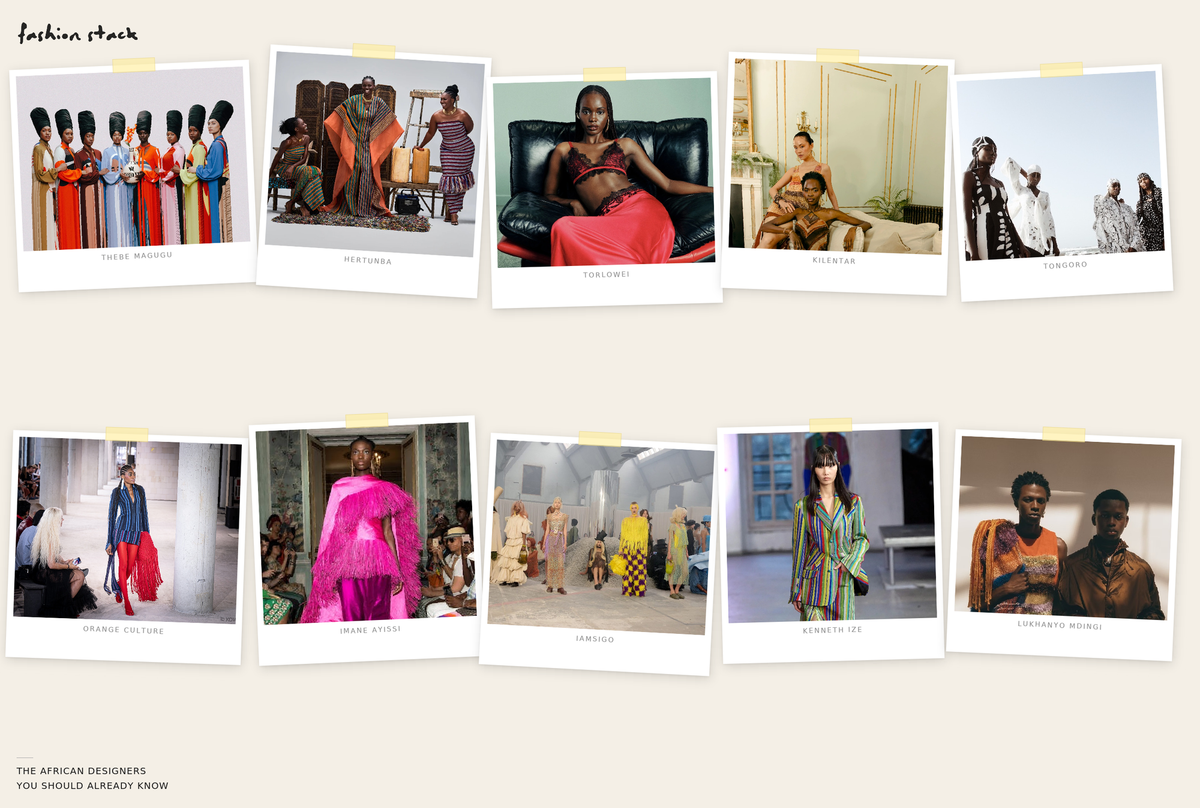 Fashion collage featuring ten African designers — Thebe Magugu, Hertunba, Torlowei, Kilentar, Tongoro, Orange Culture, Imane Ayissi, IAMSIGO, Kenneth Ize, and Lukhanyo Mdingi